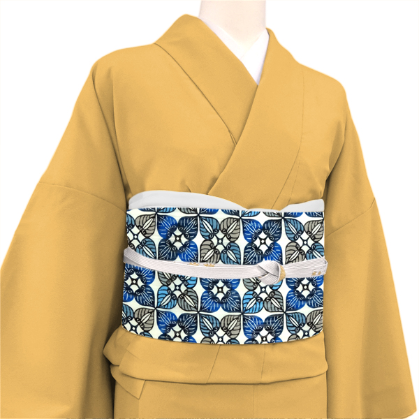 玉那覇清 清布びんがた工房 夏名古屋帯 葵文様 琉球紅型 藤村玲子 白×青［385,000円］ 枚目