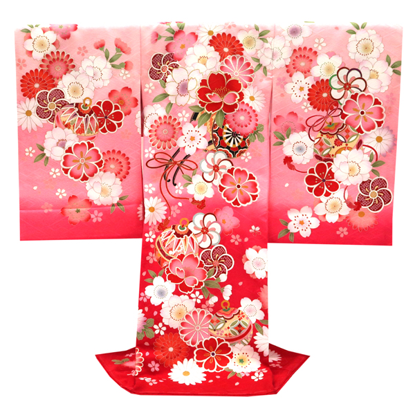 産着 女の子 正絹 花車 鈴 桜 菊 ピンク 赤［82,500円］ 枚目