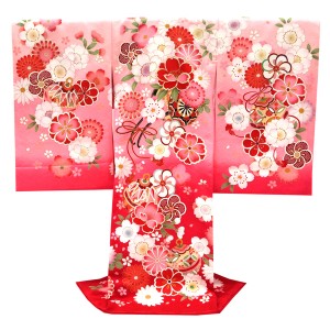 産着 女の子 正絹 花車 鈴 桜 菊 ピンク 赤［82,500円］