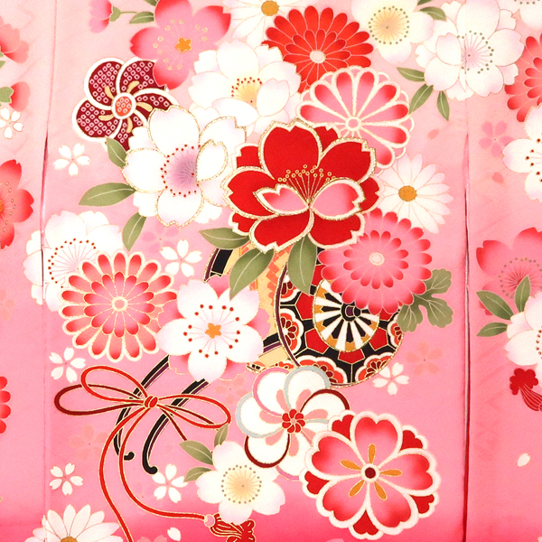 産着 女の子 正絹 花車 鈴 桜 菊 ピンク 赤［82,500円］ 枚目