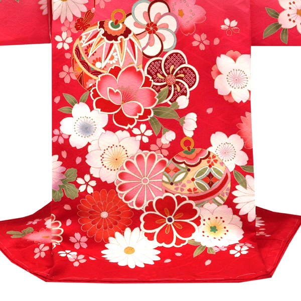 産着 女の子 正絹 花車 鈴 桜 菊 ピンク 赤［82,500円］ 枚目