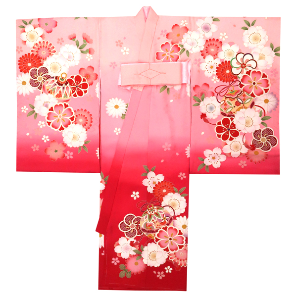 産着 女の子 正絹 花車 鈴 桜 菊 ピンク 赤［82,500円］ 枚目