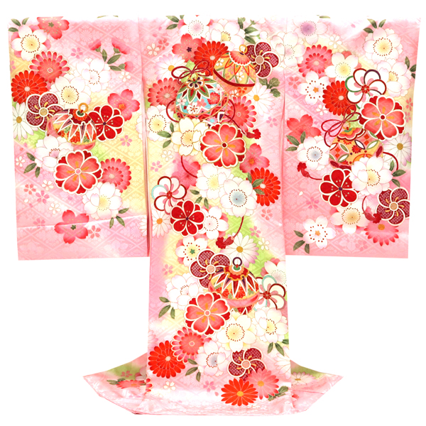 産着 女の子 正絹 鈴 桜 菊 梅 ピンク［82,500円］ 枚目