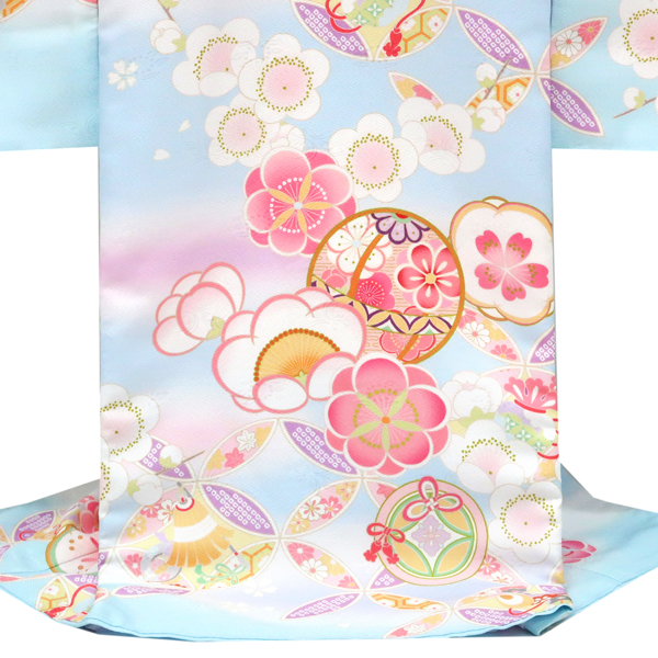 産着 女の子 ポリエステル 毬 梅 七宝 水色［38,500円］ 枚目