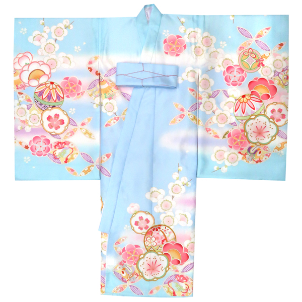 産着 女の子 ポリエステル 毬 梅 七宝 水色［38,500円］ 枚目