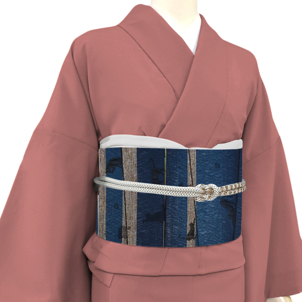 大光 名古屋帯 西陣織 正絹 藍染め スリーシーズン帯 猫柄 ネイビー 藍色 紺色［36,300円］ 枚目