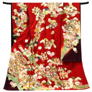 型染め京友禅 振袖 正絹 雪輪露芝 橘 梅 楓 赤［143,000円］