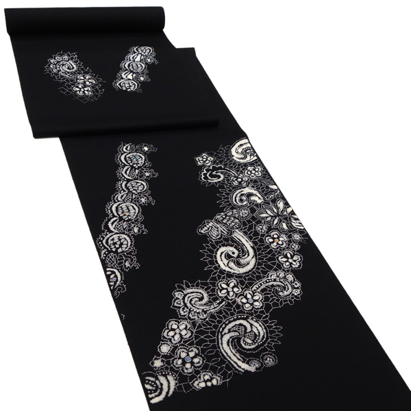 岡重 京友禅 名古屋帯 染め帯 正絹 更紗 ペイズリー 花 黒［74,800円］ 枚目