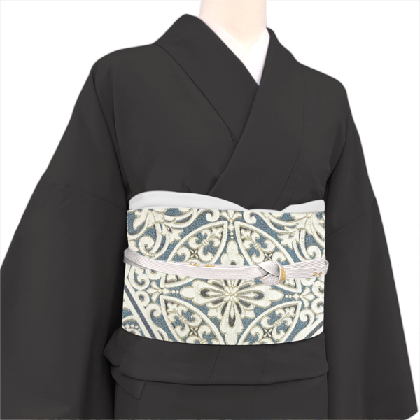 西陣まいづる 袋帯 西陣織 絹 裂取 七宝 華文 アラベスク 青緑 シルバー［110,000円］ 枚目