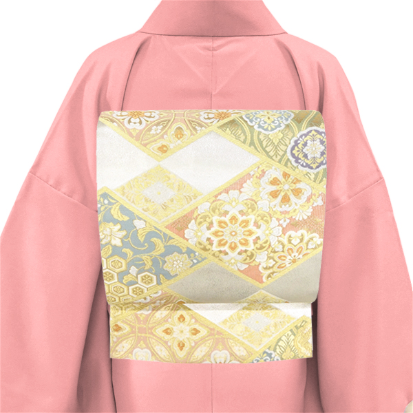 志都香 袋帯 西陣織 絹 菱繋ぎ 七宝 花菱 華文 唐草 銀 シルバー［66,000円］ 枚目