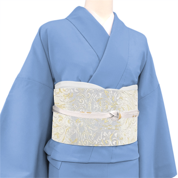 浅田叡一織物 袋帯 西陣織 絹 唐花 唐草 アカンサス 白 水色［38,500円］ 枚目
