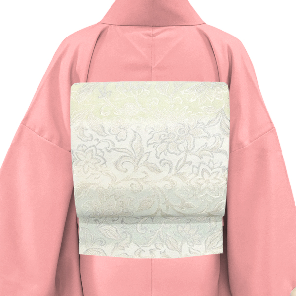 浅田叡一織物 袋帯 西陣織 絹 花唐草 白 水色 黄緑［38,500円］ 枚目