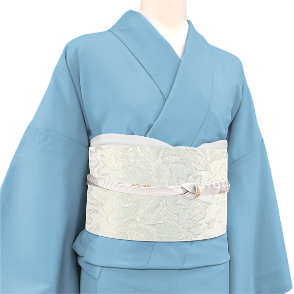 浅田叡一織物 袋帯 西陣織 絹 花唐草 白 水色 黄緑［38,500円］ 枚目