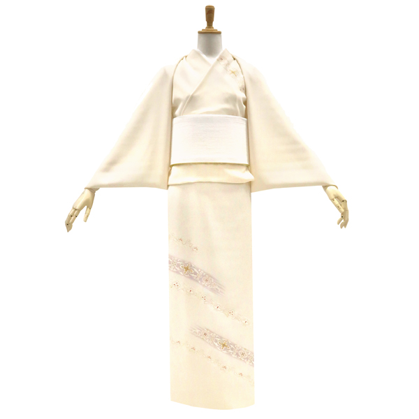 吉澤の友禅 絽夏付下訪問着 正絹 斜め縞 華文 花唐草 ベージュ［176,000円］ 枚目