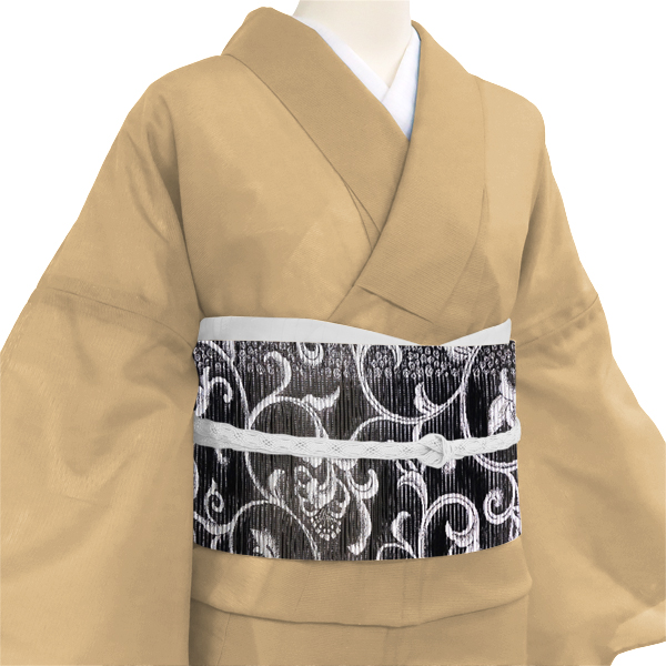 佐々木染織 絽袋帯 西陣織 絹 唐草 唐花 更紗 黒 グレー［36,300円］ 枚目