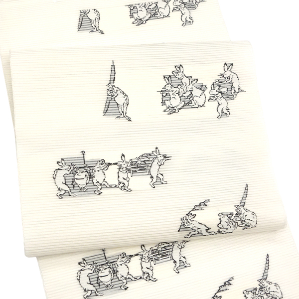 佐々木染織 夏絽名古屋帯 西陣織 正絹 鳥獣戯画 白［24,200円］ 枚目