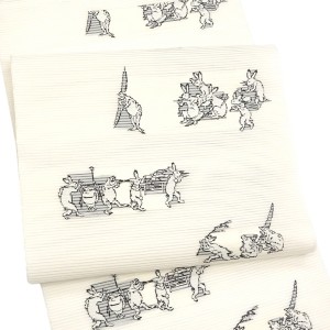 佐々木染織 夏絽名古屋帯 西陣織 正絹 鳥獣戯画 白［24,200円］