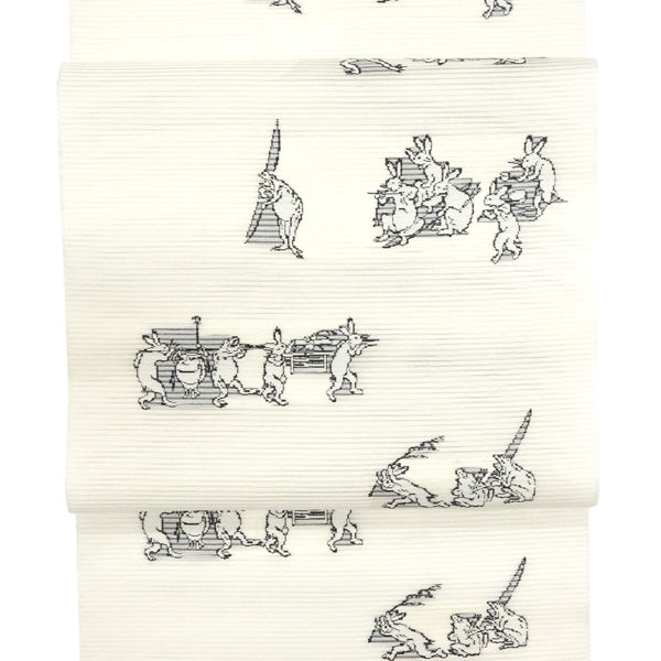 佐々木染織 夏絽名古屋帯 西陣織 正絹 鳥獣戯画 白［24,200円］ 枚目