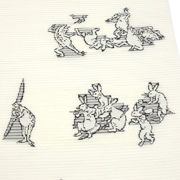 佐々木染織 夏絽名古屋帯 西陣織 正絹 鳥獣戯画 白［24,200円］ 枚目