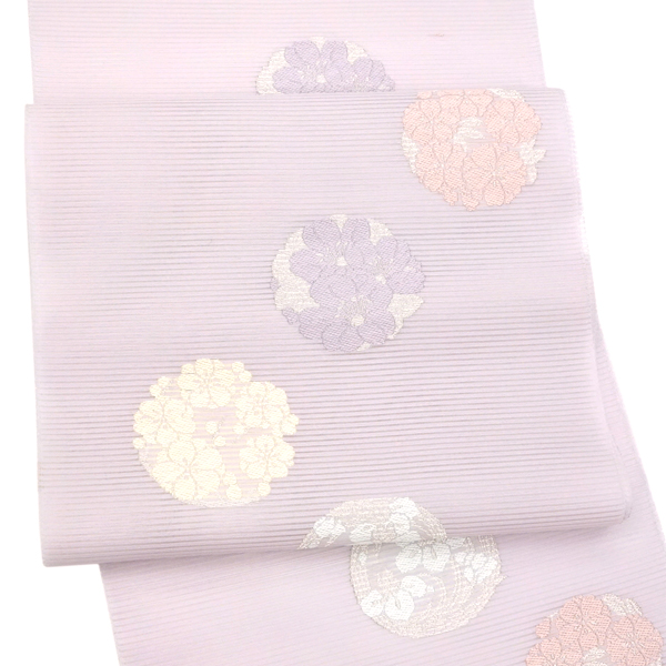 佐々木染織 夏絽名古屋帯 絹 西陣織 花の丸 紅藤色 薄紫［24,200円］ 枚目