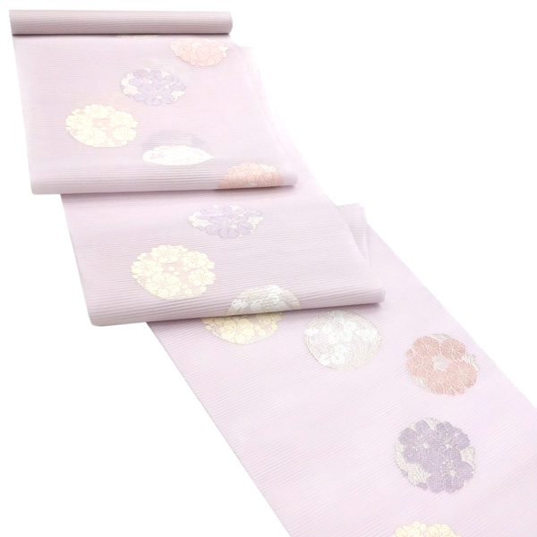 佐々木染織 夏絽名古屋帯 絹 西陣織 花の丸 紅藤色 薄紫［24,200円］ 枚目