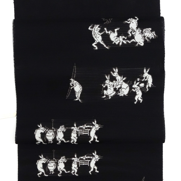 佐々木染織 夏絽名古屋帯 絹 西陣織 鳥獣戯画 黒［24,200円］ 枚目