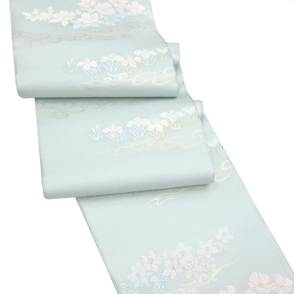 丸勇 夏袋帯 西陣織 絹 横段 流水 菖蒲 杜若 水色［48,400円］ 枚目