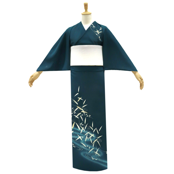 吉澤の友禅 絽夏付下訪問着 正絹 流水 竹笹 萩 深緑［187,000円］ 枚目