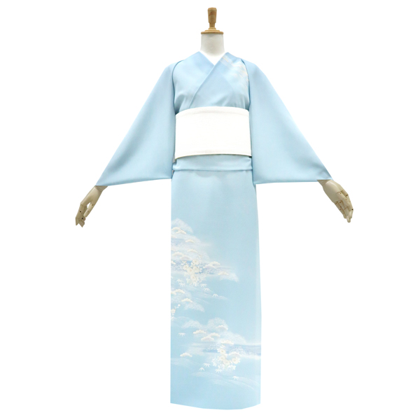吉澤の友禅 絽夏付下訪問着 京友禅染め 正絹 波 松 笹 水色［187,000円］ 枚目