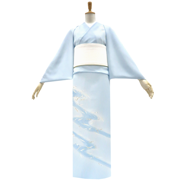 吉澤の友禅 絽夏付下訪問着 京友禅染め 正絹 流水 笹 葉っぱ 水色［187,000円］ 枚目