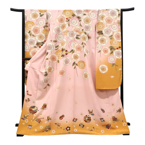 仕立て上がり 振袖 正絹 桜 鞠 折り鶴 宝尽くし ピンク×辛子色［99,000円］ 枚目