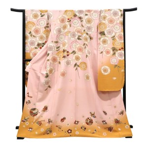 仕立て上がり 振袖 正絹 桜 鞠 折り鶴 宝尽くし ピンク×辛子色［99,000円］