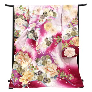仕立て上がり 振袖 正絹 松 牡丹 菊 花亀甲 ピンク［99,000円］