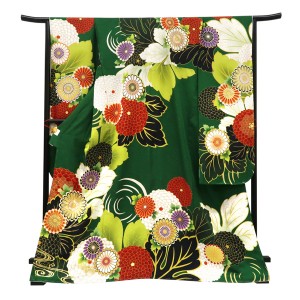 仕立て上がり 振袖 正絹 菊 流水 緑［110,000円］