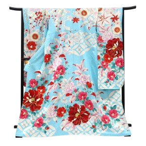 仕立て上がり 振袖 正絹 牡丹 椿 花七宝 水色［99,000円］