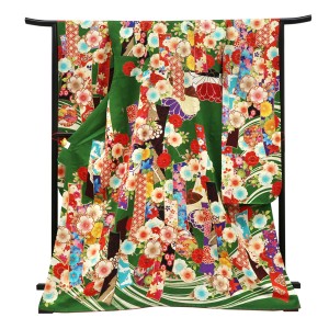 仕立て上がり 振袖 正絹 短冊 菊 桜 雪輪 緑［110,000円］