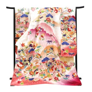 仕立て上がり 振袖 正絹 遠山 貝桶 四季花 白×ピンク［110,000円］
