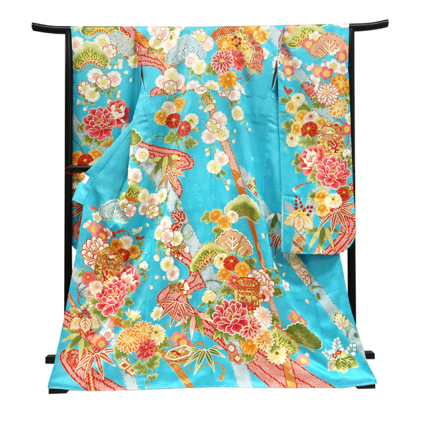 仕立て上がり 振袖 正絹 流水 貝桶 四季花 水色［110,000円］ 枚目
