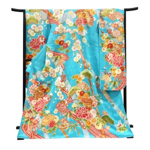 仕立て上がり 振袖 正絹 流水 貝桶 四季花 水色［110,000円］