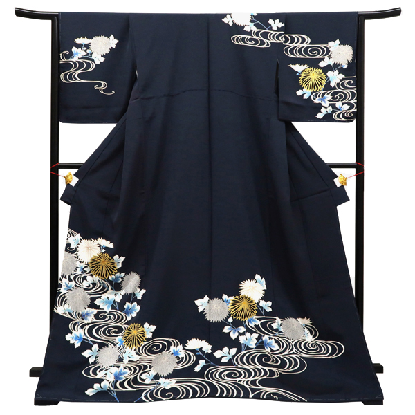 吉川染匠 訪問着 正絹 手描き京友禅 流水 観世水 菊 紺色［242,000円］ 枚目