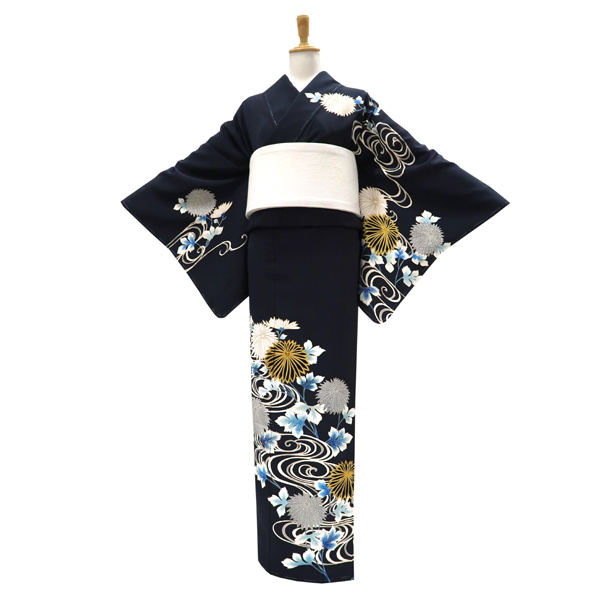 吉川染匠 訪問着 正絹 手描き京友禅 流水 観世水 菊 紺色［242,000円］ 枚目