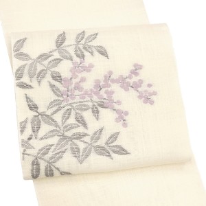 麻名古屋帯 七野 宮岸織物 西陣織 本麻 植物 草木 実 南天 白色 アイボリー［49,500円］