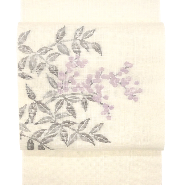 麻名古屋帯 七野 宮岸織物 西陣織 本麻 植物 草木 実 南天 白色 アイボリー［49,500円］ 枚目