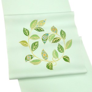 塩瀬名古屋帯 京友禅染め 正絹 五泉 唐草 更紗 黄緑［132,000円］