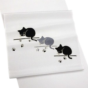 秀美 名古屋帯 十日町友禅染め 正絹 猫柄 ライトグレー［66,000円］