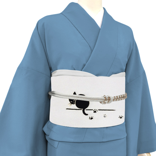 秀美 名古屋帯 十日町友禅染め 正絹 猫柄 ライトグレー［66,000円］ 枚目