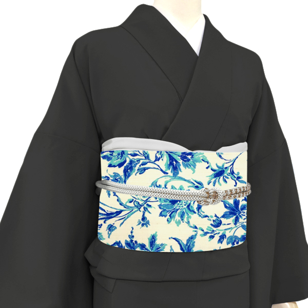会信織物 六文銭 上田紬 染め名古屋帯 正絹 唐花草 更紗 白［77,000円］ 枚目