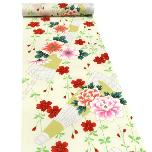 キスミス 浴衣 綿 和傘 番傘 牡丹 菊 桜 クリーム色［17,600円］