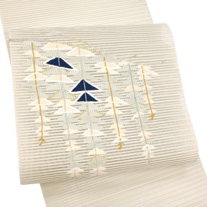 絽綴れ八寸名古屋帯 手織 幾何学文様 藤 練色 生成り［41,800円］