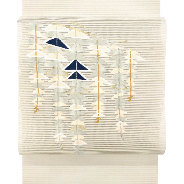 絽綴れ八寸名古屋帯 手織 幾何学文様 藤 練色 生成り［41,800円］ 枚目